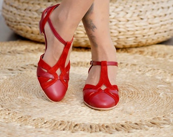 Inspiration vintage, cuir véritable, chaussures rétro pour femme, chaussures rouges, chaussures mod des années 60, chaussures de danse swing