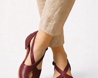 Burgundowe skórzane baleriny typu Mary Jane dla kobiet, buty z paskami na krzyż inspirowane stylem vintage, ręcznie robione baleriny, skórzane buty w stylu retro