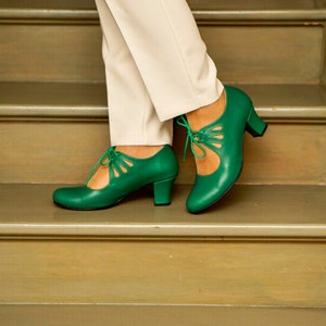 Buty damskie w stylu vintage, zielone buty do tańca swingowego, zielone buty damskie inspirowane stylem vintage, buty do tańca swingowego, buty do tańca z lat 50., 60. i 70.