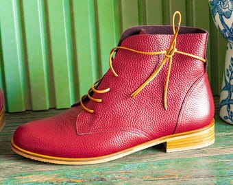 Leather Women’s Lace Up Boots, Ankle Boots in Burgundy, Vintage-Inspired Bordeaux Women’s Oxford Booties, Autumn Shoes, Genuine Leather Shoe
