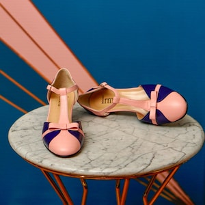 Vintage Inspired, Oryginalne skórzane buty w kolorze różowo-niebieskim, Retro buty damskie, Buty do swingu, Buty damskie z lat 50., 60. i 70., Buty do tańca swingowego