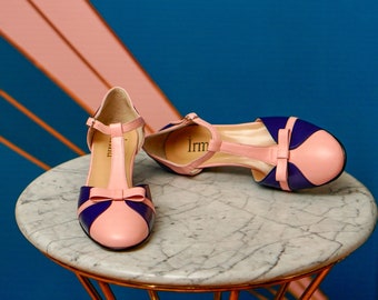 Scarpe da donna rosa e blu in vera pelle, ispirate allo stile vintage, scarpe retrò, scarpe swing, scarpe da donna anni '50, '60, '70, scarpe da ballo swing