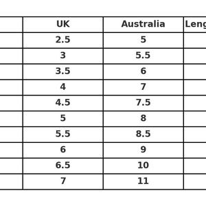 May include: A shoe size conversion chart with measurements in US, EU, UK, and Australian sizes. The chart also includes lengths in inches and centimeters, with the longest measurement being 10.4 inches (26.5 cm).