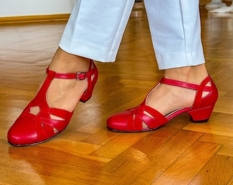 Vintage Inspired Red Shoes, Red Dancing Shoes, Retro Women Shoes, Genuine Leather Red Shoes, Mod 60s Shoes, Swing Dancing Shoes