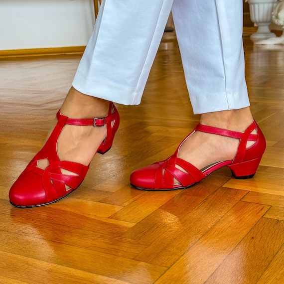 Vintage Inspired Red Shoes, Red Dancing Shoes, Retro Women Shoes, Genuine Leather Red Shoes, Mod 60s Shoes, Swing Dancing Shoes