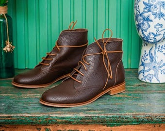 Vintage Style Low Heel Boots, Vintage-Inspired Brown Women’s Oxford Booties, Lace-Up Ankle Boots, Genuine Leather Shoes