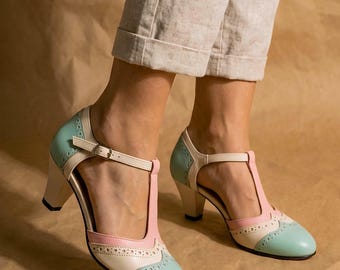 Vintage Inspired T-Strap Shoes, Pastel Mary Jane Heels, Swing Dance Shoes, Retro Leather Heels, Handmade Wedding Shoes for Women
