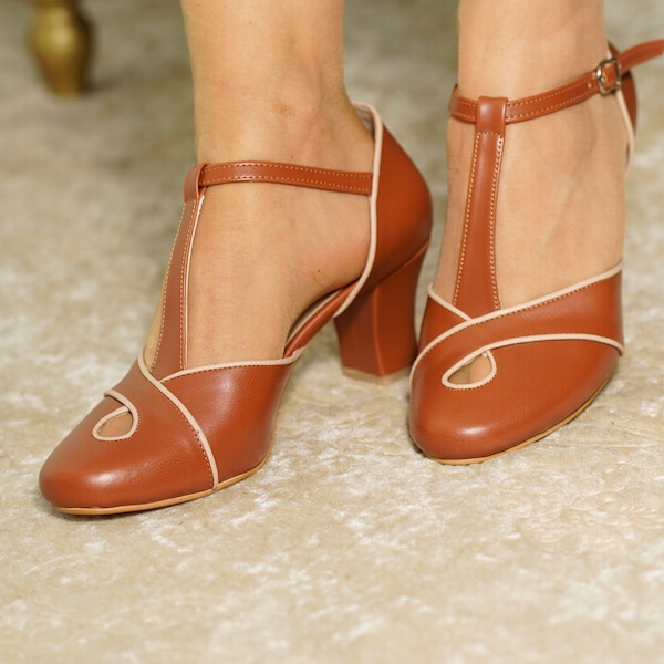 Vegane braune Schuhe, Vintage inspiriert, Retro Damen Schuhe mit Absatz, Swing Tanzschuhe, 50er 60er 70er Tanzschuhe