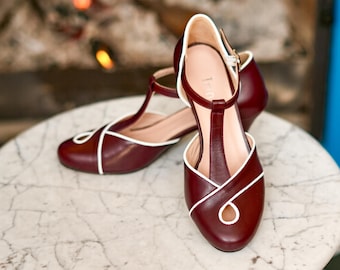 Handmade Burgundy Women Shoes, Geniune Leather Shoes , Swing Dancing Shoes, Swing Shoes, Retro Boho Shoes