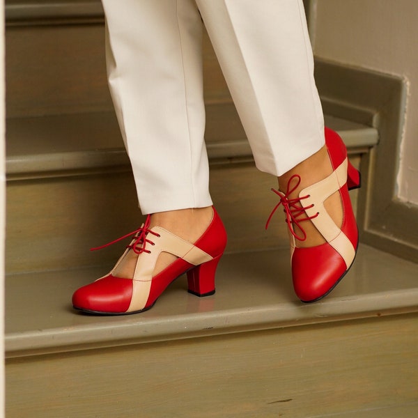 Inspiración vintage, cuero genuino, zapatos de mujer retro hechos a mano, zapatos rojos, zapatos de baile swing, zapatos swing, zapatos de los años 50, zapatos de los años 70