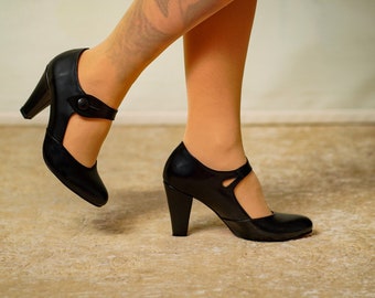 Chaussures noires végétaliennes, chaussures pour femmes d'inspiration vintage, chaussures à talons pour femmes rétro, chaussures de danse swing, chaussures de danse des années 50 60 70 70