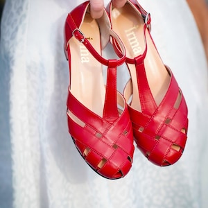 Vintage-inspirierte, Echtes Leder, Retro Frauen Schuhe, Rote Schuhe, Mod 60er Jahre Schuhe, Swing Tanzschuhe