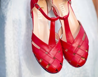 Vintage Inspired, Genuine Leather, Retro Women Shoes, Red Shoes, Mod 60s Shoes, Swing Dancing Shoes