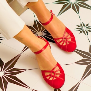 Inspirowane stylem vintage, skóra naturalna, ręcznie robione buty damskie retro, czerwone buty, buty do tańca swingowego, buty swingowe, buty z lat 50., czerwone buty z lat 70.
