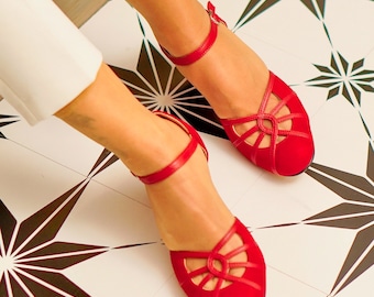 Inspiration vintage, cuir véritable, chaussures rétro faites main pour femme, chaussures rouges, chaussures de danse swing, chaussures de swing, chaussures des années 50, chaussures rouges des années 70