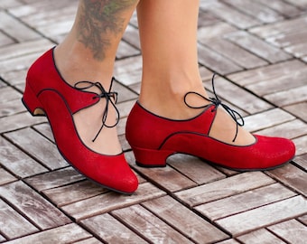 Inspiración vintage, cuero genuino, zapatos retro de mujer, zapatos rojos, zapatos de boda, zapatos de los años 50, 60, 70, zapatos de baile swing,