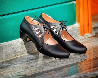 Vintage inspirierte schwarze Schuhe, echtes Leder, Retro-Damenschuhe, Swing-Tanzschuhe, 50er-Jahre-Schuhe, 70er-Jahre-Schuhe, Schuhe mit niedrigem Absatz