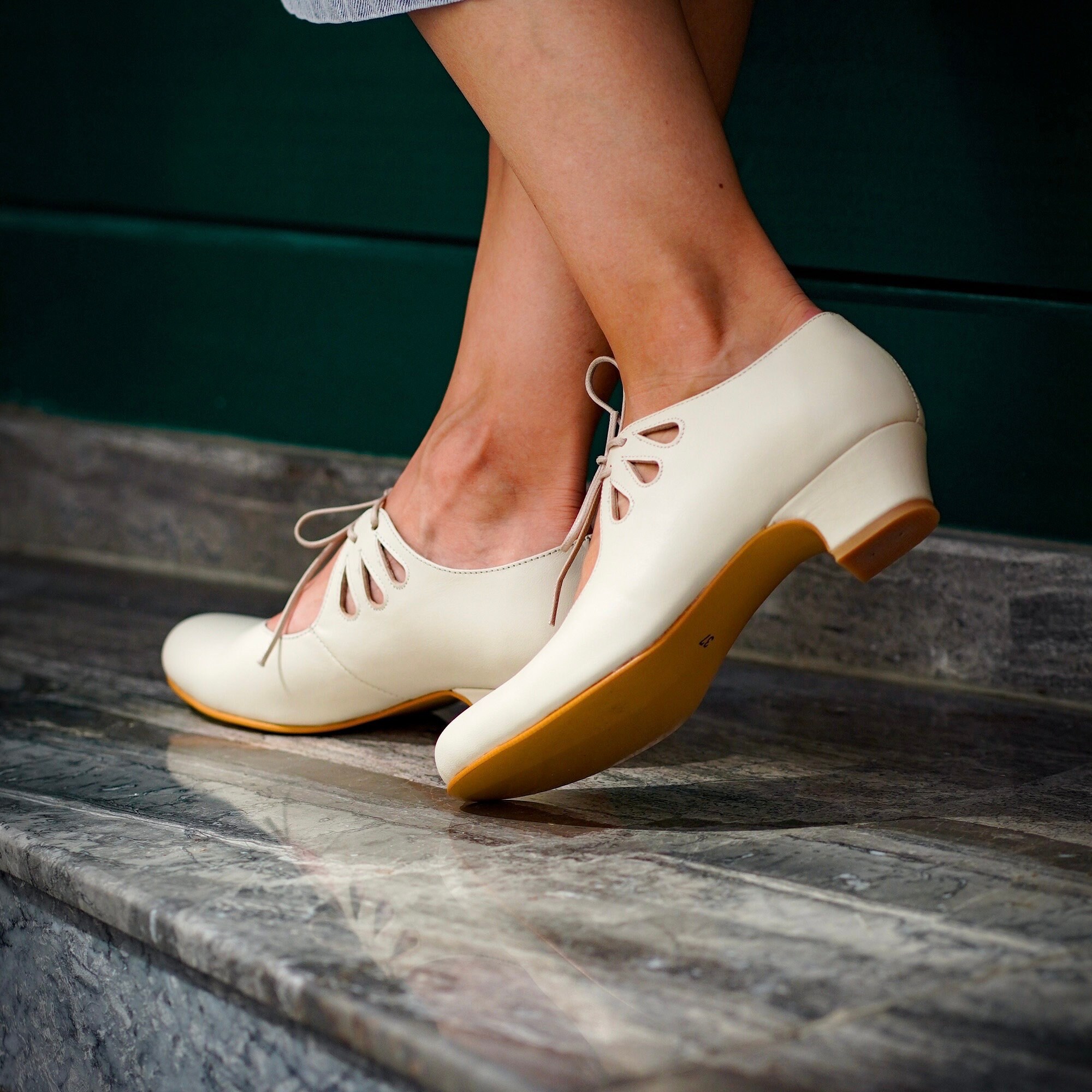 Vintage Inspired Beige Shoes, Genuine Leather, Handmade