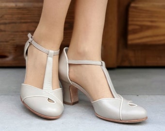 Vintage Inspired, Genuine Leather, Retro Women Shoes, Beige Shoes, Swing Shoes, 50s, 60s, 70s, Dance Shoes, Swing Shoes