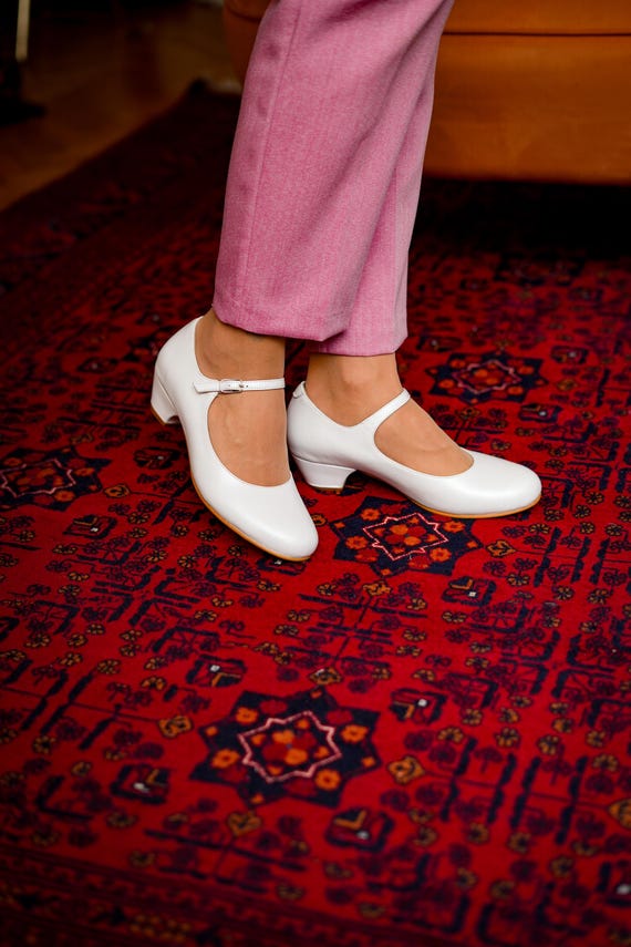 Vintage Inspired, Genuine Leather, Retro Women Shoes, White