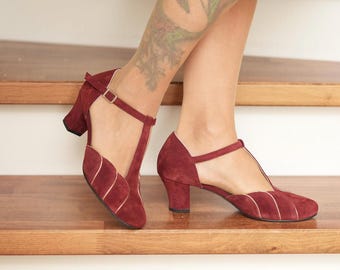 Vintage Inspired, Genuine Leather, Handmade Suede Shoes, Retro Women Shoes, Burgundy Shoes, Swing Dancing Shoes, Dance Shoes, 70s Shoes