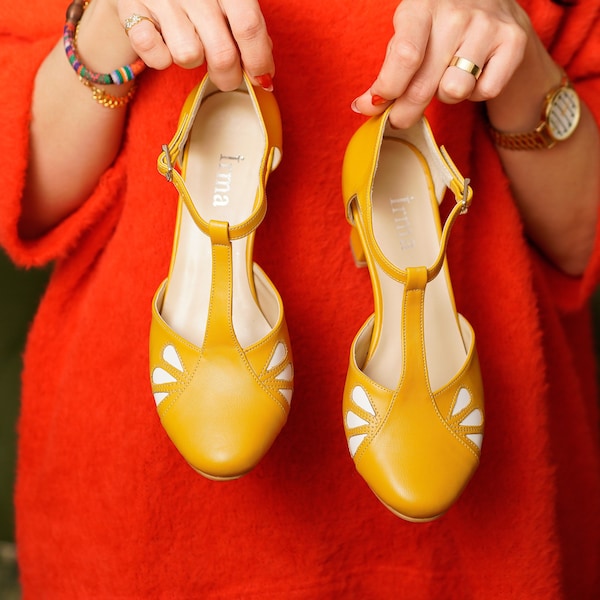 Chaussures jaunes végétaliennes, chaussures d'inspiration vintage, chaussures à talons pour femmes rétro, chaussures de danse swing, chaussures de danse des années 50 60 70 70