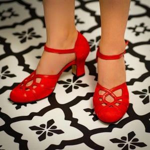 Inspirowane stylem vintage, skóra naturalna, ręcznie robione buty damskie retro, czerwone buty, buty do tańca swingowego, buty swingowe, buty z lat 50., buty z lat 70.