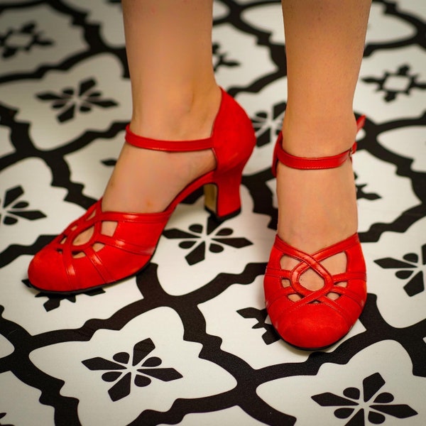 Scarpe da donna retrò fatte a mano, in vera pelle, ispirate al vintage, scarpe rosse, scarpe da ballo swing, scarpe swing, scarpe anni '50, scarpe anni '70