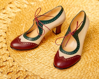 Ispirazione vintage, vera pelle, scarpe da donna retrò, scarpe swing, scarpe multicolori anni '50, '60, '70, scarpe da ballo swing