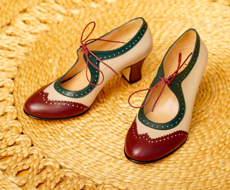 Vintage Inspired, Genuine Leather, Retro Women Shoes, Swing Shoes, 50s, 60s, 70s Multicolor Shoes, Swing Dancing Shoes image 1