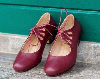 Vintage Inspired Shoes, Genuine Leather Burgundy Women Shoes, Bordeaux Shoes, Mod 60s Shoes, Swing Dancing Shoes