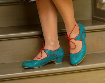 Vintage Inspired, Genuine Leather, Retro Women Shoes, Turquoise Shoes, Swing Shoes, 50s, 60s, 70s, Dance Shoes, Swing Shoes