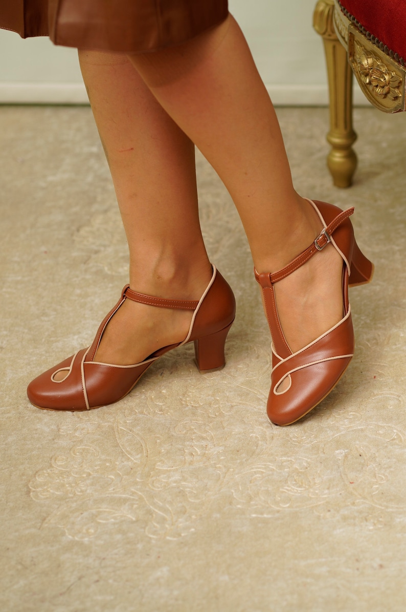 Chaussures brunes végétaliennes, inspiration vintage, chaussures à talons pour femmes rétro, chaussures de danse swing, chaussures de danse des années 50 60 70 70 image 8