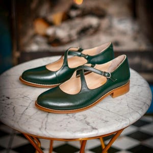 Women’s Flat Shoes, Vintage Inspired Flat Shoes, Swing Dance Shoes, Genuine Leather Flat Shoes, Oxford Shoes, Green Daily Shoes
