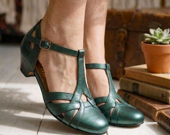 Vintage Inspired Shoes, Genuine Leather, Retro Women Shoes, Green Shoes, Mod 60s Shoes, Swing Dancing Shoes