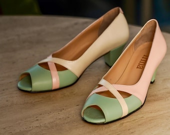 Vintage Leather Peep Toe Heels, Mint Green Pink Pumps, Handmade Swing Dancing Shoes, Mary Janes, Swing Dance Shoes, Comfortable Shoes
