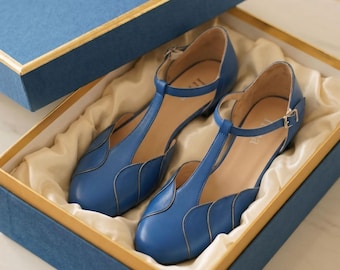 Vintage Inspired Blue Shoes, Genuine Leather Shoes, Handmade Women’s Shoes, Blue Shoes, Swing Dancing Shoes, 50s Shoes, 70s Shoes