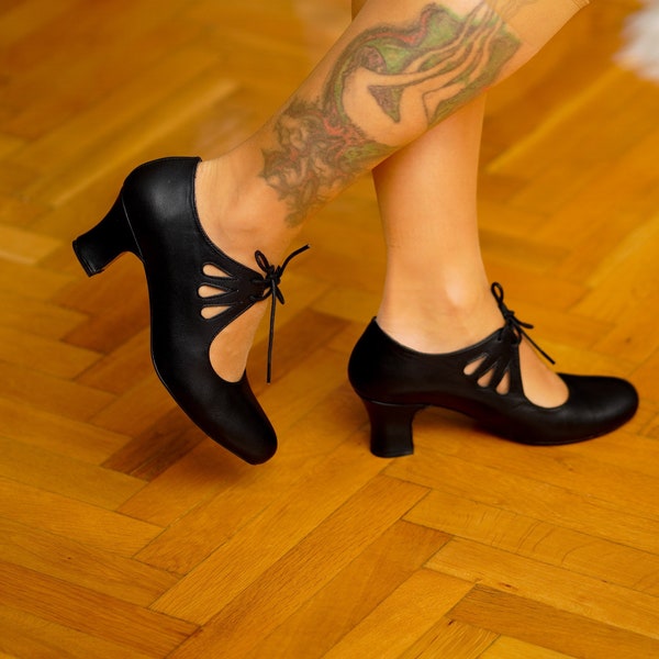 Inspiración vintage, cuero genuino, zapatos de mujer retro hechos a mano, zapatos negros, zapatos de baile swing, zapatos swing, zapatos de los años 50, zapatos de los años 70