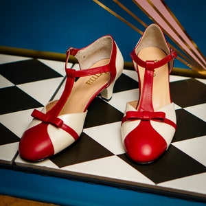 Vintage Inspired, Genuine Leather, Retro Women Shoes, Red and White Shoes, Mary Jane Shoes, 50s, 60s, 70s Shoes, Swing Dancing Shoes,