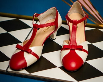 Inspiración vintage, cuero genuino, zapatos retro de mujer, zapatos rojos y blancos, zapatos de boda, zapatos de los años 50, 60, 70, zapatos de baile swing,