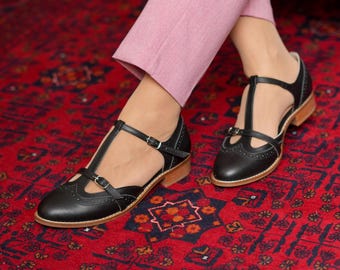 Zwarte damesschoenen, vintage geïnspireerde platte schoenen, swingdansschoenen, platte schoenen van echt leer, oxfordschoenen, zwarte dagelijkse schoenen