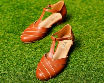 Chaussures brunes végétaliennes, inspiration vintage, chaussures à talons pour femmes rétro, chaussures de danse swing, chaussures de danse des années 50 60 70 70