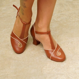 Chaussures brunes végétaliennes, inspiration vintage, chaussures à talons pour femmes rétro, chaussures de danse swing, chaussures de danse des années 50 60 70 70 image 7