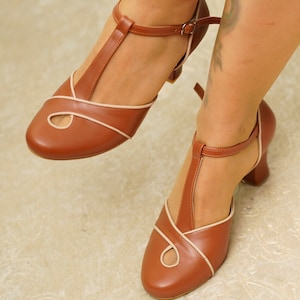 Chaussures brunes végétaliennes, inspiration vintage, chaussures à talons pour femmes rétro, chaussures de danse swing, chaussures de danse des années 50 60 70 70 image 3
