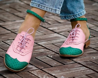 Women’s Flat Shoes, Vintage Inspired Flat Shoes, Swing Dance Shoes, Genuine Leather Flat Shoes, Oxford Shoes, Green and Pink Daily Shoes