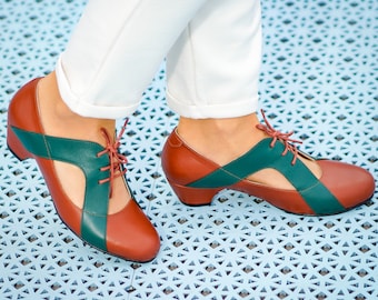 Vintage Inspired, Genuine Leather, Retro Women Shoes, Brown Shoes, Green Straps, Swing Shoes, 50s, 60s, 70s Shoes, Swing Dancing Shoes