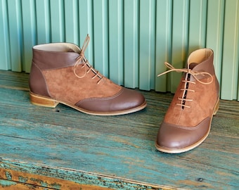 Vintage Style Suede/Leather Low Heel Boots, Vintage-Inspired Two-Tone Women’s Oxford Booties, Lace-Up Ankle Boots