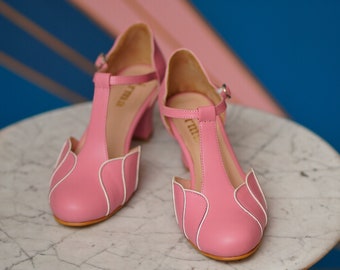 Vintage geïnspireerde roze schoenen, echte leren schoenen, handgemaakte damesschoenen, roze schoenen, swingdansschoenen, jaren '50 schoenen, jaren '70 schoenen