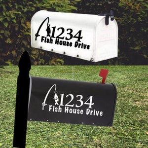 May include: White and black mailbox decals with a fishing rod and lure design. The decals include the text "1234 Fish House Drive".