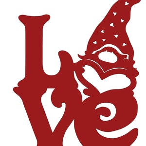 May include: Red wooden cutout of the word "LOVE" with a gnome holding a heart in the middle of the "O".